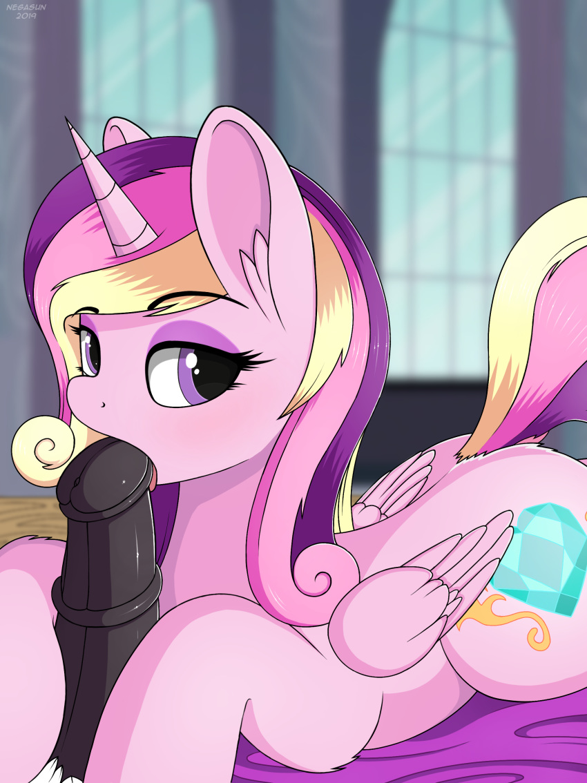 2019 absurd_res balls blurred_background cutie_mark digital_media_(artwork) duo equid eyelashes female feral friendship_is_magic hi_res horn looking_at_viewer male male/female mammal medial_ring my_little_pony negasun oral penis princess_cadance_(mlp) purple_eyes sex solo_focus winged_unicorn wings