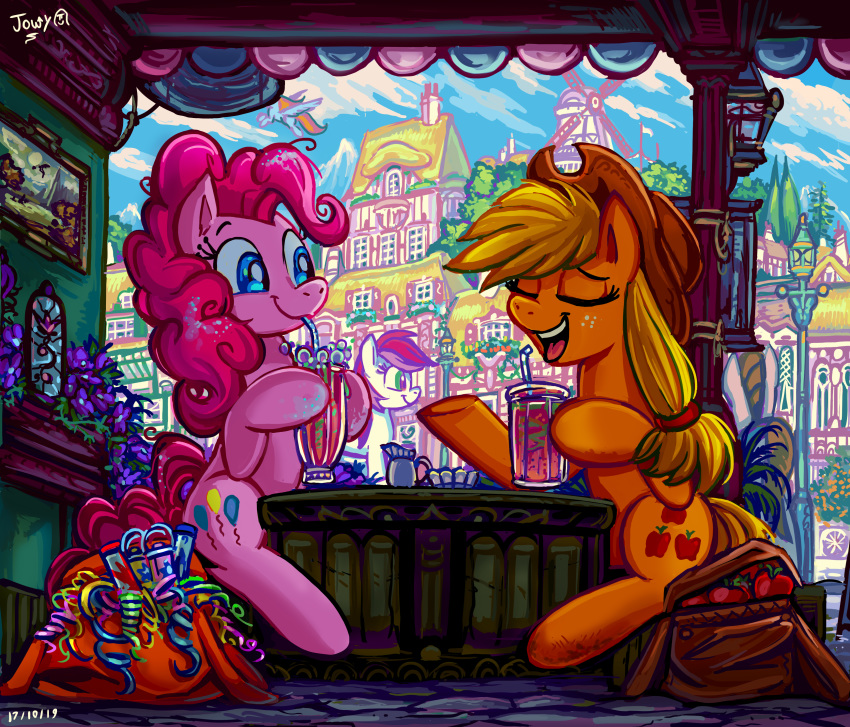 absurd_res applejack_(mlp) beverage building clothing cutie_mark drinking duo_focus earth_pony equid equine female feral friendship_is_magic group happy hat_only headgear headwear hi_res horse jowybean mammal mostly_nude my_little_pony open_mouth open_smile pinkie_pie_(mlp) pony rose_(mlp) smile