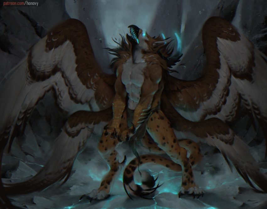 2019 4_fingers 4_toes anthro avian barefoot brown_body brown_feathers clothed clothing digital_media_(artwork) digitigrade feathered_wings feathers fingers fur fynath gryphon honovy male solo spots spotted_body spotted_fur toes white_body white_feathers wings