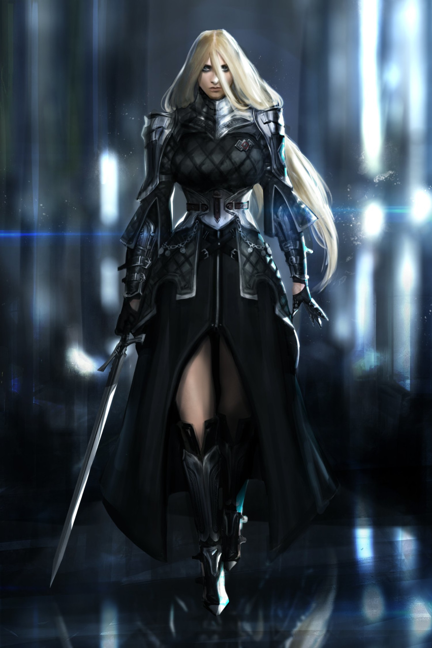 1girl angelise_reiter armor armored_dress backlighting black_dress blush boots borrowed_character breasts commentary commission corset crest dress english_commentary eyeshadow final_fantasy final_fantasy_xiv front_slit gauntlets giulia_carli greaves hair_between_eyes highres holding holding_sword holding_weapon hyur knee_boots large_breasts lens_flare lips long_dress long_hair looking_at_viewer makeup mascara nose over-kneehighs realistic shoulder_armor silver_eyes solo spaulders sword thighhighs thighhighs_under_boots walking weapon zweihander