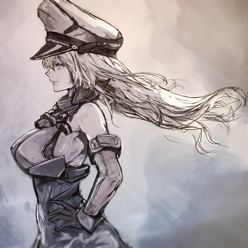 1girl anchor bare_shoulders bismarck_(kantai_collection) breasts eyelashes from_side gloves hand_on_hip hat highres kantai_collection large_breasts lips long_hair military military_hat military_uniform nona_(goodboy) parted_lips peaked_cap profile sideboob simple_background sketch solo uniform