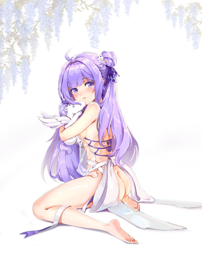 1girl absurdres ahoge ass azur_lane bangs bare_legs bare_shoulders blush breasts commentary_request doll_hug eyebrows_visible_through_hair feet flower hair_bun hair_flower hair_ornament hair_ribbon highres long_hair looking_at_viewer object_hug one_side_up open_mouth parted_lips purple_eyes purple_hair purple_ribbon ribbon side_bun sideboob sidelocks sitting soles solo stuffed_alicorn stuffed_animal stuffed_pegasus stuffed_toy stuffed_unicorn tears theleopardcat toes unicorn_(azur_lane) wariza