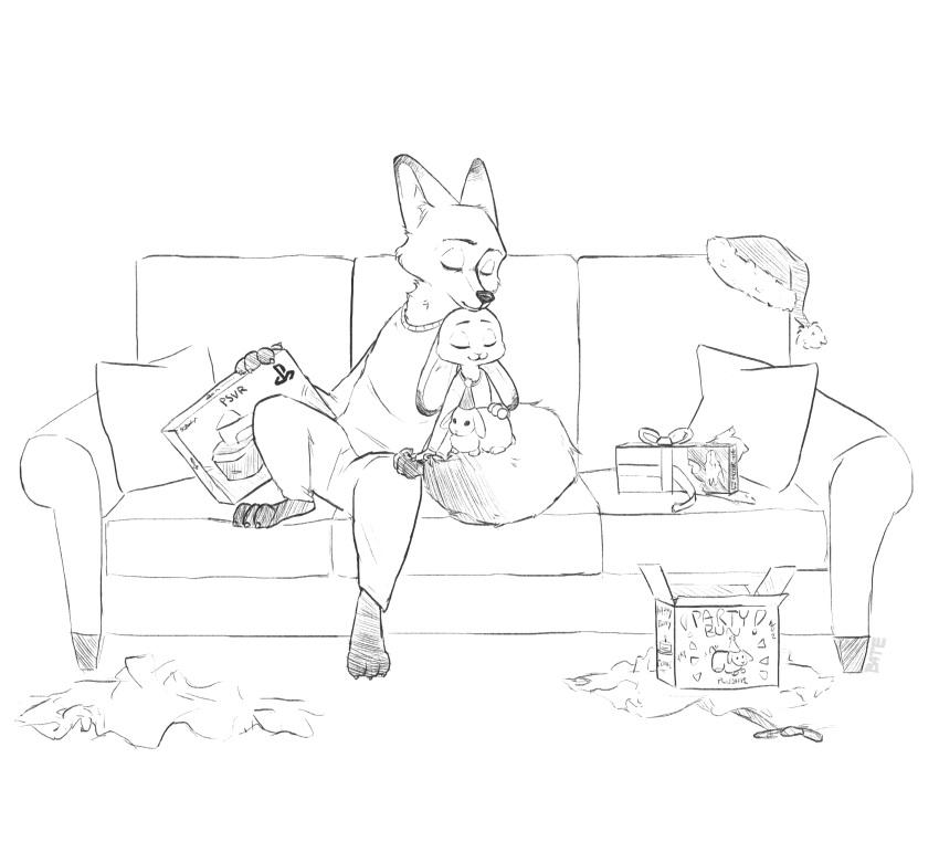 ambiguous_gender anthro bad_dragon barefoot bate_(artist) black_and_white bottomwear canid canine cheek_tuft christmas clothed clothing dipstick_ears disney duo ears_down eyes_closed face_tuft fluffy fluffy_tail fox fully_clothed furniture gift hand_holding hat headgear headwear hi_res holidays inner_ear_fluff judy_hopps lagomorph leporid mammal monochrome multicolored_ears neck_tuft nick_wilde pants pivoted_ears playstation playstation_vr plushie rabbit santa_hat simple_background sitting sofa sony_corporation sony_interactive_entertainment sweater topwear tuft video_games vr_headset white_background zootopia