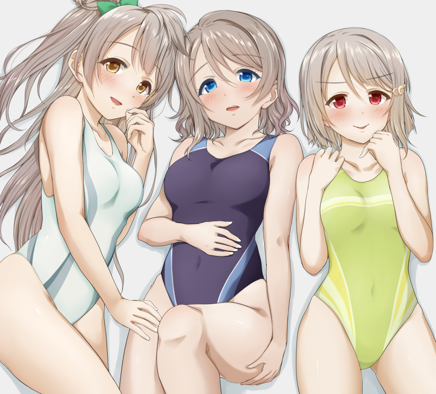 3girls :d bangs bare_arms bare_shoulders blue_eyes blush bow breasts brown_eyes collarbone commentary_request competition_swimsuit covered_navel eyebrows_visible_through_hair green_bow green_swimsuit grey_background grey_hair hair_bow hair_ornament hairclip hand_on_own_stomach hands_on_own_chest highres knee_up long_hair looking_at_viewer love_live! love_live!_school_idol_festival_all_stars love_live!_school_idol_project love_live!_sunshine!! lying medium_breasts minami_kotori multiple_girls nakasu_kasumi on_back on_side one-piece_swimsuit one_side_up open_mouth parted_lips red_eyes simple_background small_breasts smile smug suzume_miku swept_bangs swimsuit tareme thighs v-shaped_eyebrows watanabe_you white_swimsuit