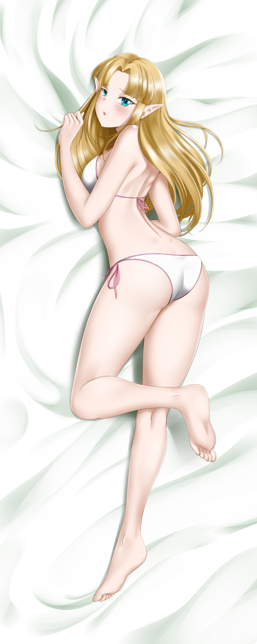 1girl absurdres alfred_cullado banned_artist barefoot bed_sheet bikini blonde_hair blue_eyes blush breasts dakimakura from_above full_body hair_intakes highres incredibly_absurdres long_hair looking_at_viewer lying medium_breasts on_side pink_ribbon pointy_ears princess_zelda ribbon shiny shiny_hair shoulder_blades side-tie_bikini sideboob soles solo straight_hair swimsuit the_legend_of_zelda white_bikini