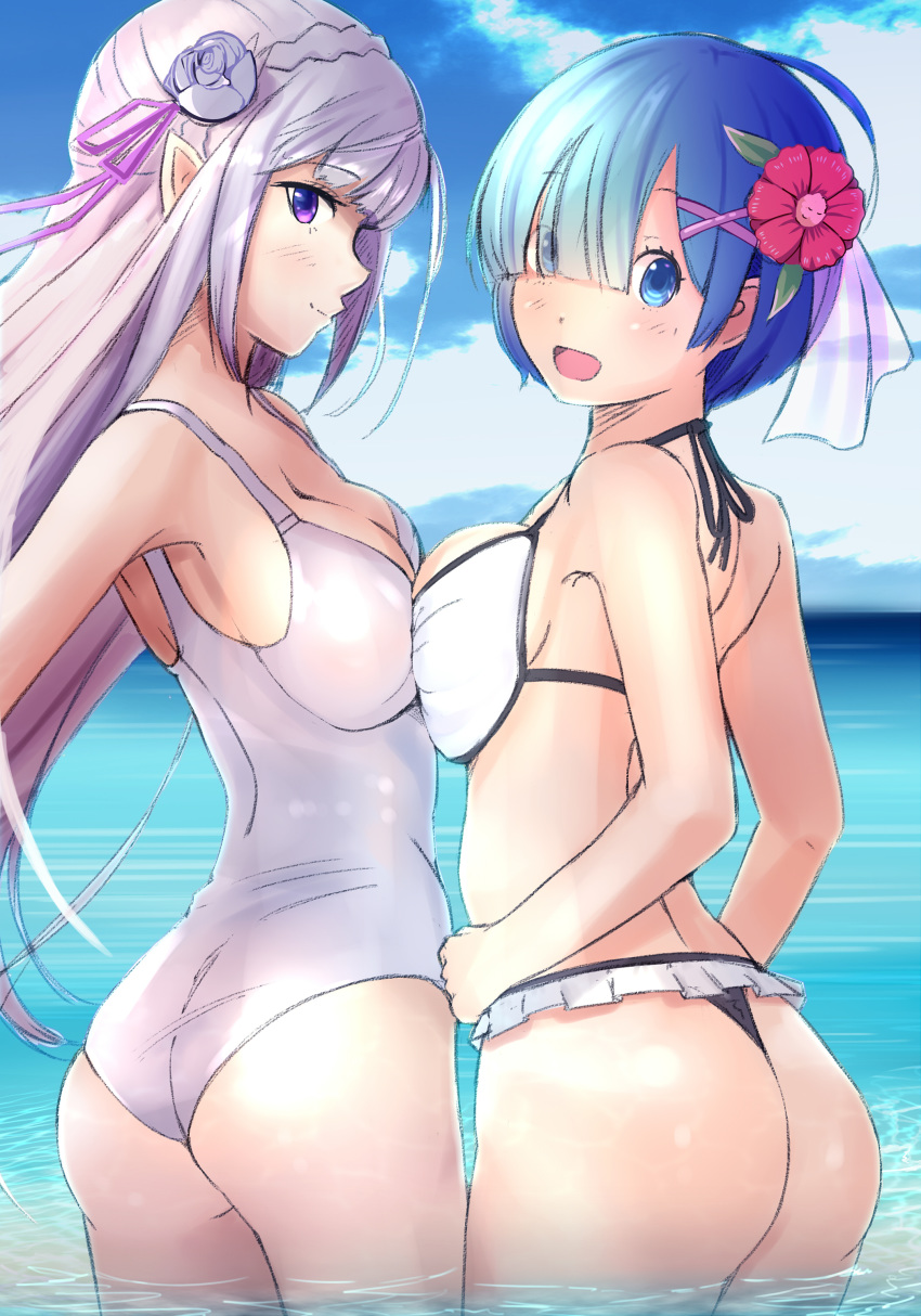 2girls :d absurdres ass asymmetrical_docking bangs bikini black_bikini black_ribbon blue_eyes blue_hair blush braid breast_press breasts casual_one-piece_swimsuit cleavage closed_mouth cowboy_shot crown_braid day emilia_(re:zero) eyebrows_visible_through_hair floating_hair flower frilled_bikini_bottom from_behind hair_flower hair_ornament hair_ribbon halterneck highres iwanishi large_breasts long_hair looking_at_viewer looking_back medium_breasts multiple_girls ocean one-piece_swimsuit open_mouth outdoors pointy_ears purple_eyes purple_ribbon re:zero_kara_hajimeru_isekai_seikatsu red_flower rem_(re:zero) ribbon shiny shiny_hair shiny_skin short_hair shoulder_blades sideboob silver_hair sketch smile standing swimsuit very_long_hair wading white_bikini_top white_flower white_swimsuit x_hair_ornament