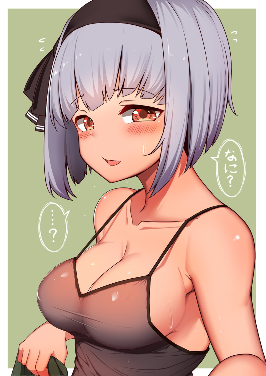 1girl ? bangs bare_shoulders black_camisole black_hairband black_ribbon blush breasts brown_eyes camisole cleavage collarbone commentary_request eyebrows_visible_through_hair flying_sweatdrops grey_hair hair_ribbon hairband highres holding konpaku_youmu looking_at_viewer medium_breasts moyashi_baasuto ribbon short_hair sideboob solo spaghetti_strap spoken_blush spoken_question_mark sweat sweatdrop touhou translation_request upper_body