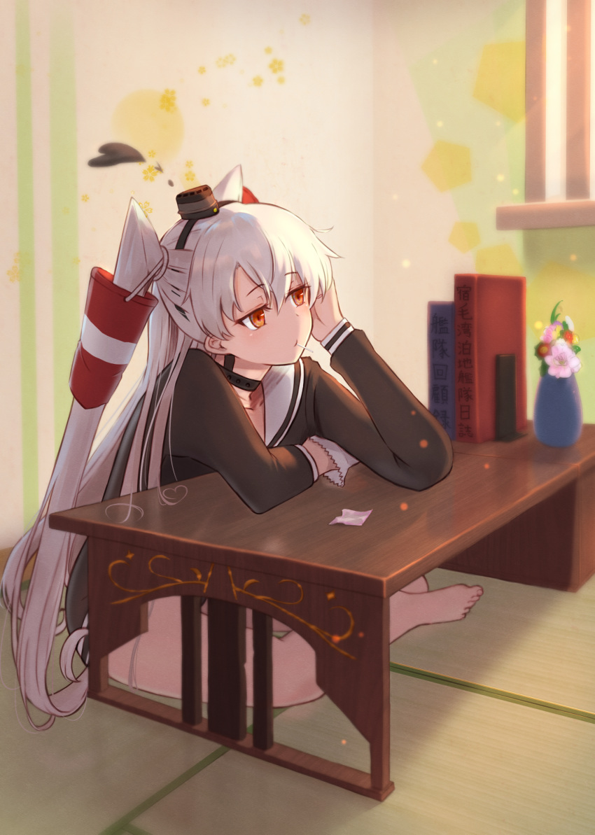 1girl amatsukaze_(kantai_collection) bangs barefoot black_choker black_hairband black_headwear blush book brown_shirt candy choker closed_mouth commentary eyebrows_visible_through_hair food full_body gloves hair_tubes hairband hand_in_hair heart highres indoors kamome_donburi kantai_collection lollipop long_hair long_sleeves looking_afar looking_away mouth_hold on_floor orange_eyes sailor_collar school_uniform serafuku shirt silver_hair single_glove sitting smoke solo tatami two_side_up vase very_long_hair white_gloves white_sailor_collar wooden_table