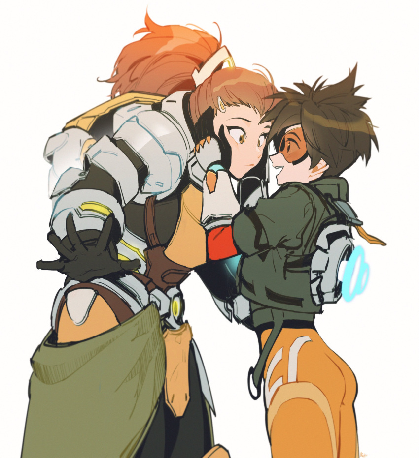 2girls absurdres armor ass brigitte_(overwatch) brown_eyes brown_hair eye_contact gloves goggles hands_on_another's_cheeks hands_on_another's_face height_difference highres jacket korean_commentary looking_at_another maro_(lij512) multiple_girls open_hands open_mouth overwatch overwatch_2 ponytail power_armor short_hair simple_background smile standing tracer_(overwatch) white_background