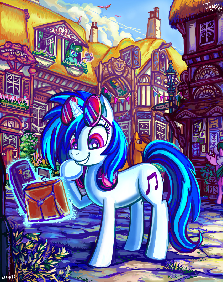 2019 absurd_res blue_hair building eyewear friendship_is_magic glasses hair headphones hi_res house jowybean my_little_pony sunglasses vinyl_scratch_(mlp)