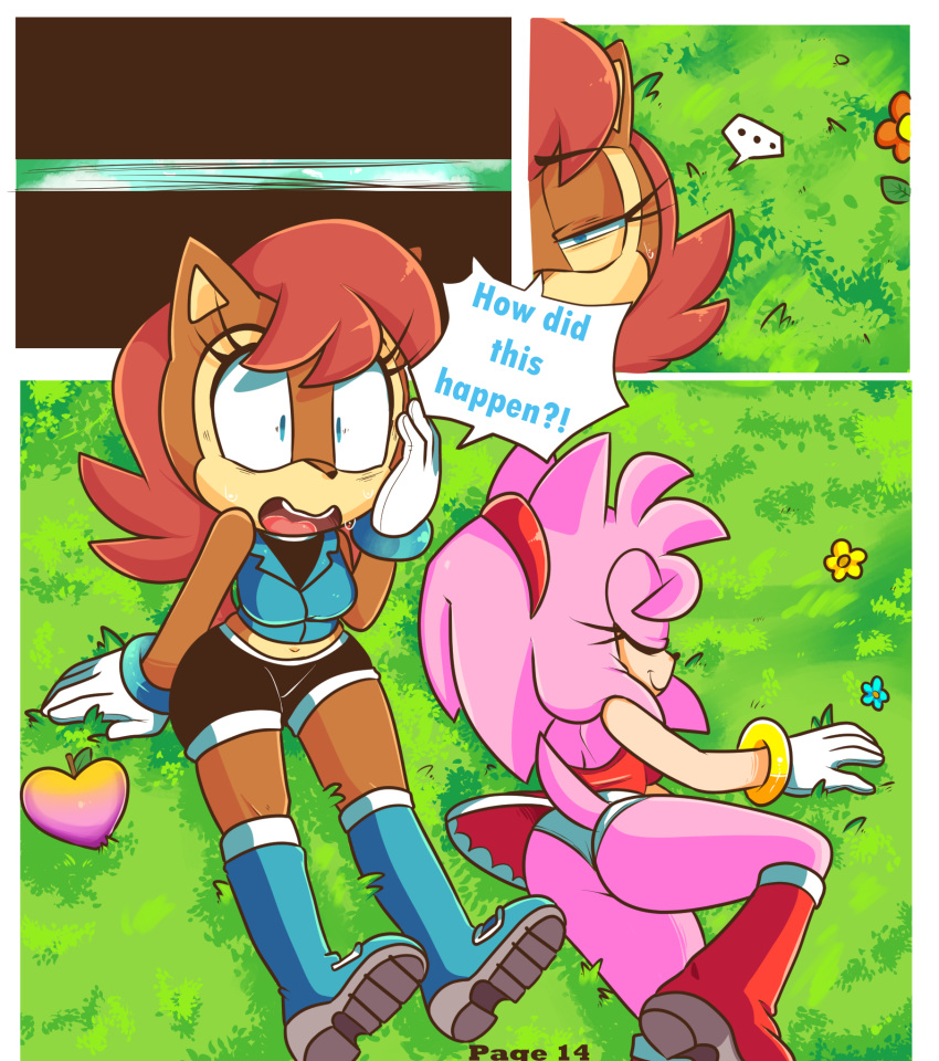 ... amy_rose boots bottomwear breasts chipmunk clothed clothing comic dress duo eulipotyphlan eyes_closed female flower food footwear grass ground_squirrel hair headgear headwear hearlesssoul hedgehog hi_res lying mammal midriff open_mouth outside panties plant rodent sally_acorn sciurid shorts sitting sonic_(series) speech_bubble text underwear