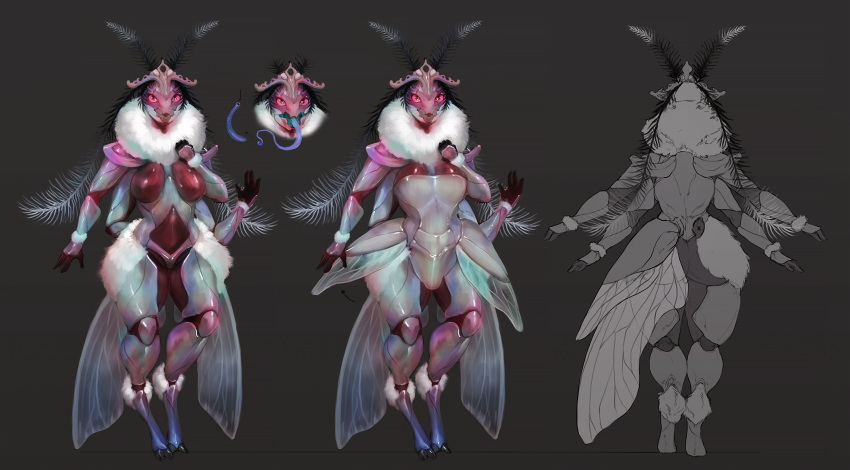 antennae_(anatomy) arthropod big_butt breasts butt carapace conditional_dnp crown featureless_breasts female fur hi_res insect long_tongue multi_arm multi_limb oouna thick_thighs tongue tuft wide_hips wings