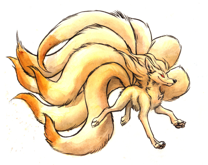 absurd_res ambiguous_gender black_nose chest_tuft fangs feral fluffy fluffy_tail fur hi_res jumping kenket midair multi_tail ninetales nintendo pawpads pok&eacute;mon pok&eacute;mon_(species) red_eyes simple_background smile solo tuft video_games white_background yellow_body yellow_fur