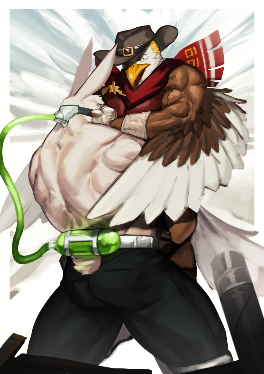 2019 absurd_res accipitrid accipitriform alternate_especie avian back_muscles bane_(dc) beak bear_hug biceps big_muscles bird bottomwear brown_body brown_feathers clothed clothing cowboy cowboy_hat dc_comics duo eagle feathers fight fur hat headgear headwear hi_res lagomorph leporid male mammal mask multicolored_body multicolored_feathers muscular muscular_male rabbit scarf thunderbird_(tas) tokyo_afterschool_summoners topless traver009 two_tone_body two_tone_feathers veiny_muscles video_games white_body white_feathers white_fur