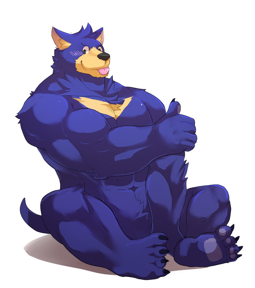 2015 3_toes 4_fingers 4_toes 5_fingers abs anthro biceps big_muscles biped black_eyes black_nose blep blue_body blue_fur chest_tuft claws dasyuromorph digital_drawing_(artwork) digital_media_(artwork) duo facebook facebook_stickers fingers fur gesture hi_res inner_ear_fluff looking_at_viewer male mammal marsupial multicolored_body multicolored_fur muscular muscular_male nude o-ro pawpads pecs simple_background sitting size_difference solo tasmanian_devil taz_(facebook) thumbs_up toe_claws toes tongue tongue_out tuft two_tone_body two_tone_fur white_background yellow_body yellow_fur