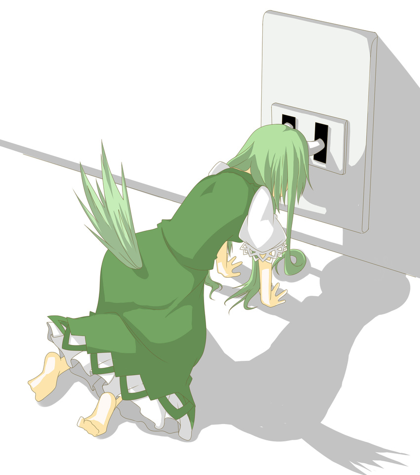 absurdres all_fours bad_feet caved charging electric_plug electric_socket electrocution ex-keine from_behind green_hair highres horns kamishirasawa_keine long_hair minigirl shadow solo tail to-hou_eiyasyou touhou