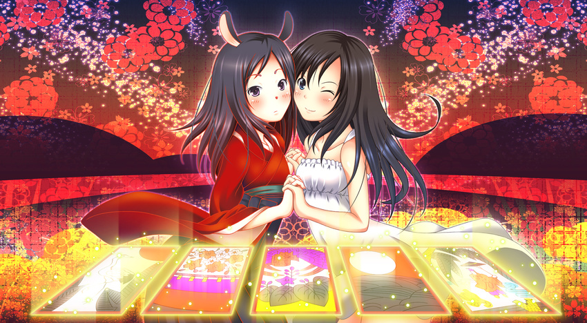 animal_ears black_hair blue_eyes blush card deer_ears dress dual_persona floating_card flower hanafuda highres holding_hands long_hair multiple_girls nukunuku_(hinataboltuko) one_eye_closed purple_eyes shinohara_natsuki summer_wars