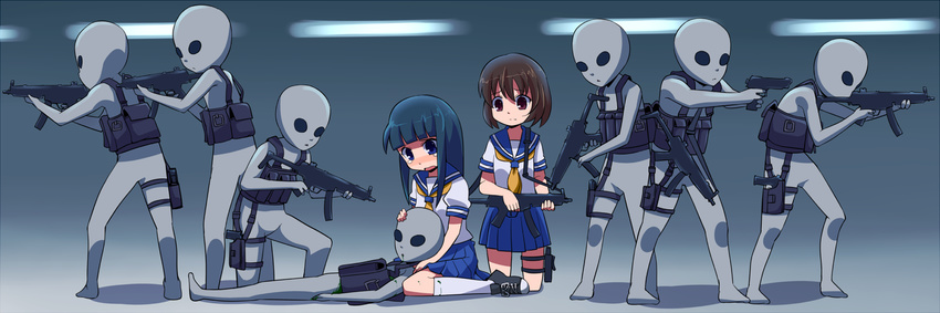 alien backpack bag black_eyes blue_eyes blue_hair brown_eyes brown_hair gun h&amp;k_mp5 haiteku heckler_&amp;_koch highres holster injury load_bearing_vest multiple_girls original school_uniform serafuku submachine_gun tears thigh_holster thigh_strap weapon what