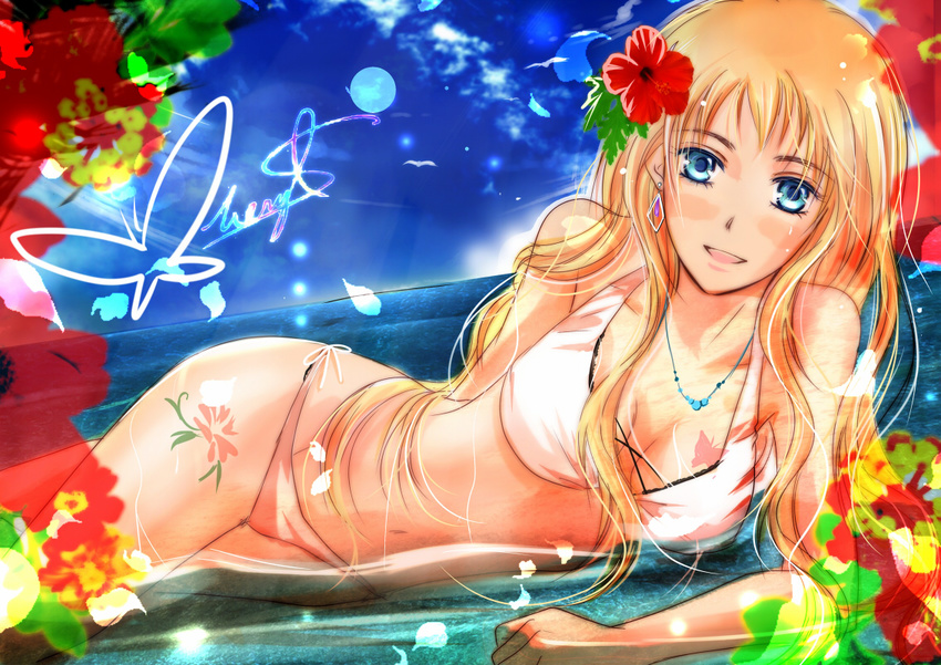 akebi_(kakuri) bad_id bad_pixiv_id bikini blonde_hair blue_eyes breasts cleavage earrings flower hair_flower hair_ornament hibiscus jewelry long_hair macross macross_frontier medium_breasts necklace sheryl_nome side-tie_bikini single_earring solo swimsuit