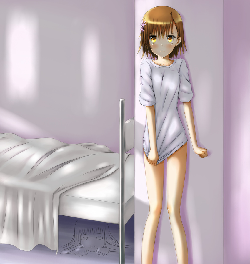 absurdres bad_id bad_pixiv_id blush hair_ornament hairpin hiding highres himegami_aisa long_legs misaka_mikoto multiple_girls shirt shirt_tug stalking swordsouls thighs to_aru_majutsu_no_index