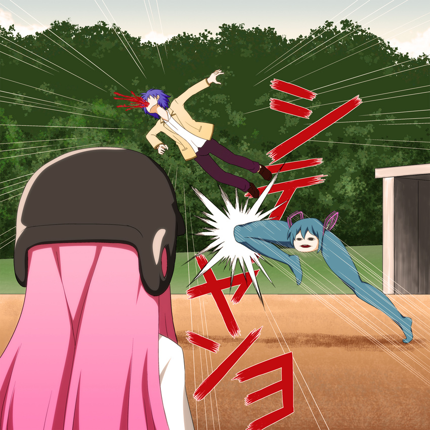 1girl angel_beats! blood hatsune_miku helmet highres hinata_(angel_beats!) hitting pink_hair school_uniform shiteyan'yo vocaloid what yamatatsu yui_(angel_beats!)