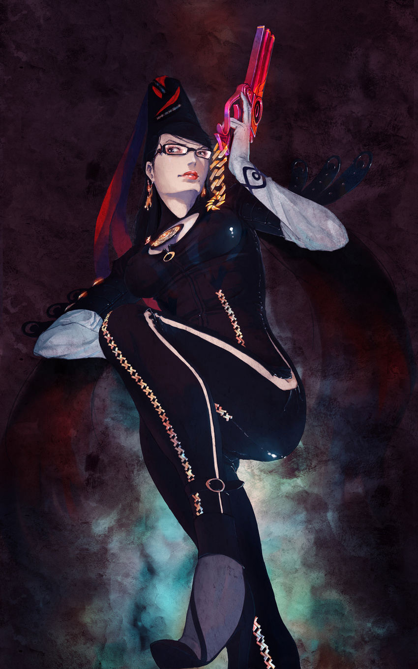 amulet artist_request bayonetta bayonetta_(character) black_hair blue_eyes cleavage_cutout earrings elbow_gloves formal glasses gloves gun handgun high_heels highres jewelry long_hair mole mole_under_mouth shoes skin_tight solo weapon