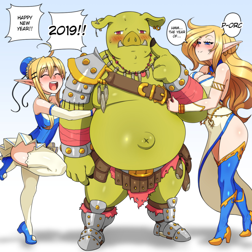 1boy 2019 2girls arm_hug armlet asymmetrical_clothes belly blonde_hair blue_eyes blue_legwear blush boots bracelet breasts chinese_zodiac cleavage detached_sleeves ear_piercing earrings english_text eyes_closed fang_necklace fangs green_skin happy_new_year high_heel_boots high_heels highres jewelry kawa-v large_breasts leg_up long_hair looking_at_another monster_boy multiple_girls navel necklace new_year open_mouth orc original piercing pointy_ears shoulder_armor skirt small_breasts smile snout speech_bubble standing stomach strap thick_thighs thigh_boots thighhighs thighs tiptoes white_legwear wrist_wrap year_of_the_pig