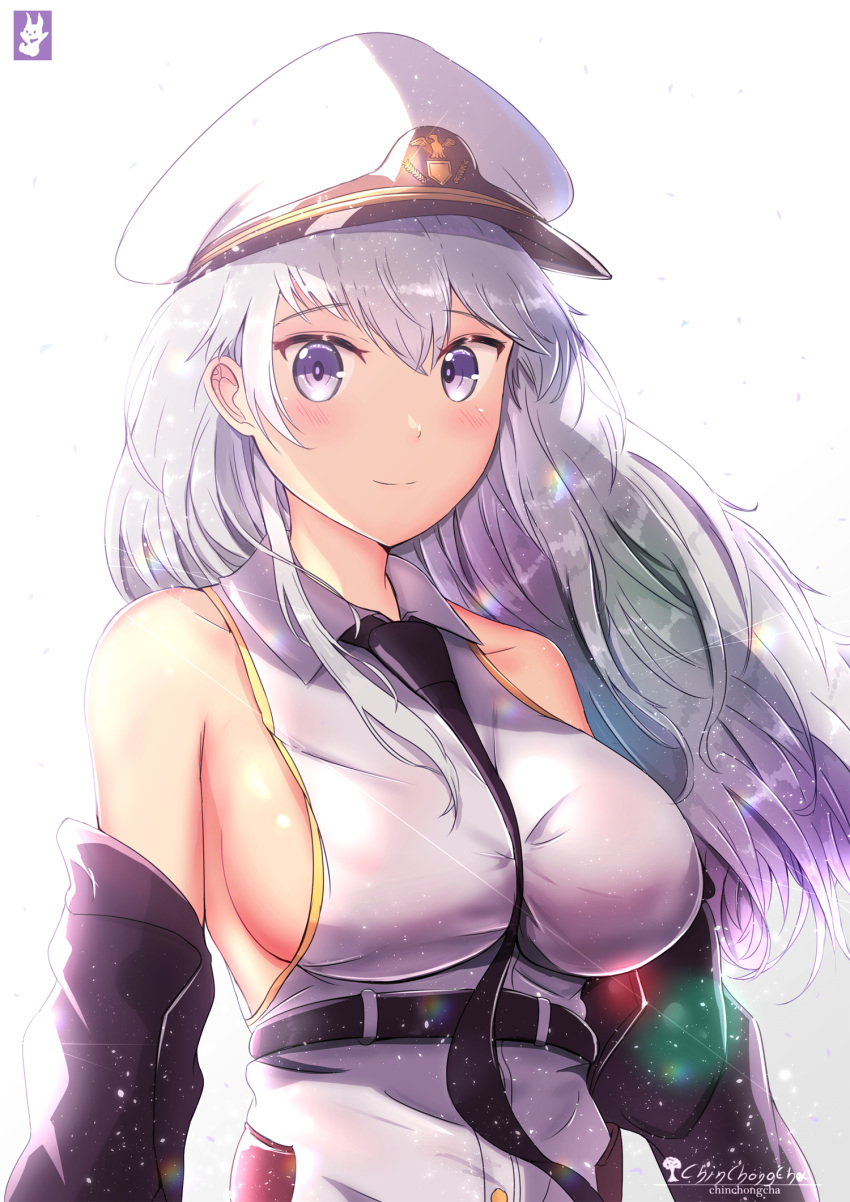 1girl artist_name azur_lane bangs bare_shoulders belt between_breasts blush breasts chinchongcha coat enterprise_(azur_lane) eyebrows_visible_through_hair floating_hair hat highres large_breasts light_particles long_hair looking_at_viewer necktie necktie_between_breasts off_shoulder peaked_cap purple_eyes rigging shirt sideboob signature silver_hair skirt sleeveless sleeveless_shirt smile solo upper_body very_long_hair wind