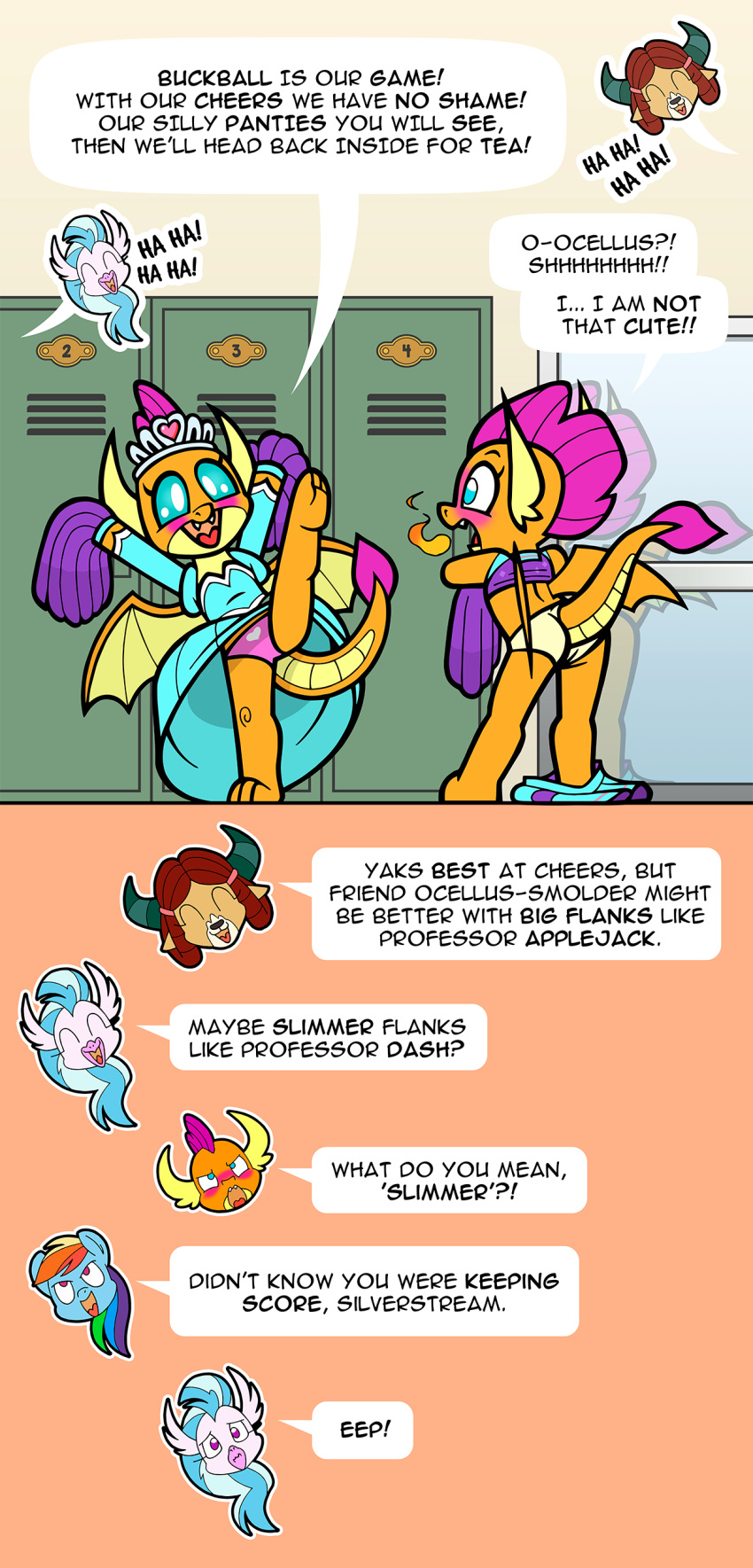 absurd_res arthropod avian blue_eyes bovid bovine changeling cheerleader clothing dialogue dragon dress english_text equid equine fire friendship_is_magic hi_res hippogryph horse locker locker_room mammal my_little_pony ocellus_(mlp) panties pom_poms pony rainbow_dash_(mlp) raised_leg silverstream_(mlp) smolder_(mlp) text toonbat underwear yak yona_yak