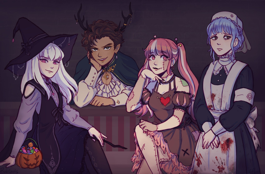 1boy 3girls antlers armband artist_name blood blue_hair braid brown_hair candy claude_von_riegan closed_mouth crown_braid dark_skin dark_skinned_male earrings fire_emblem fire_emblem:_three_houses food green_eyes halloween_basket halloween_costume hat highres hilda_valentine_goneril holding holding_wand jewelry long_hair long_sleeves lysithea_von_ordelia marianne_von_edmund multicolored_hair multiple_girls nurse_cap open_mouth pink_eyes pink_hair rubi_arts short_hair sitting stitches twintails wand white_hair witch_hat