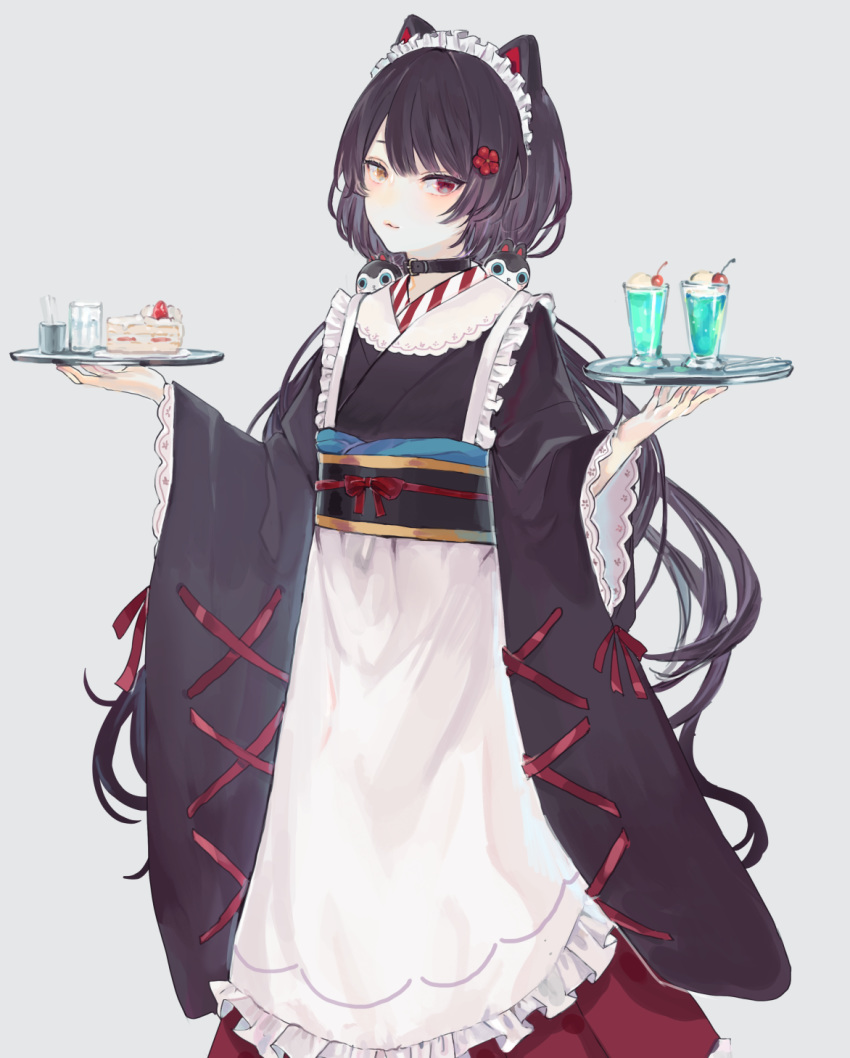 1girl animal_ears apron bangs black_kimono blush brown_eyes brown_hair cake cat_ears cherry closed_mouth cup drink drinking_glass eyebrows_visible_through_hair food frilled_apron frilled_skirt frills fruit grey_background hair_ornament heterochromia highres holding holding_tray ice_cream ice_cream_float iei000 inui_toko japanese_clothes kimono long_hair long_sleeves low_twintails maid_apron maid_headdress melon_soda nijisanji obi pleated_skirt red_eyes red_ribbon red_skirt ribbon sash simple_background skirt slice_of_cake solo strawberry tray twintails very_long_hair virtual_youtuber wa_maid white_apron wide_sleeves