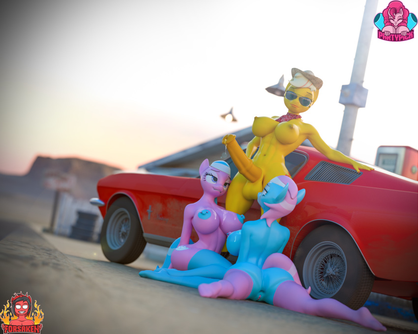 3d_(artwork) 5:4 abs aloe_(mlp) animal_genitalia animal_penis anthro anus applejack_(mlp) areola big_breasts bodily_fluids breasts butt clothing cowboy_hat crossgender cum digital_media_(artwork) equid equine equine_penis erection eyewear female ford ford_mustang ford_mustang_gt forsaken_(artist) friendship_is_magic genital_fluids gynomorph gynomorph/female hat headgear headwear hi_res horse intersex intersex/female legwear lotus_(mlp) mammal medial_ring muscle_car muscular muscular_gynomorph muscular_intersex my_little_pony nipple_piercing nipples outside penis piercing pony pussy stetson stockings sunglasses