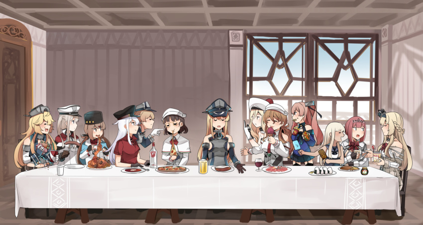 6+girls :t alcohol ark_royal_(kantai_collection) armor beer beret bismarck_(kantai_collection) black_bow black_headwear black_skirt blonde_hair blue_shawl blue_shirt bow braid breastplate breasts brown_hair chair chewing cleavage closed_eyes closed_mouth commentary_request corset crop_top crown cup cup_ramen detached_sleeves dress drink drinking_glass eating fine_art_parody flower food food_on_face fork french_braid french_fries gangut_(kantai_collection) garter_straps glasses gloves graf_zeppelin_(kantai_collection) hair_bow hair_ornament hamburger hat headdress highres holding holding_food ido_(teketeke) indoors iowa_(kantai_collection) jacket johnston_(kantai_collection) kantai_collection light_brown_hair littorio_(kantai_collection) long_hair long_sleeves low_twintails military military_hat military_uniform mini_crown mole mole_under_eye mole_under_mouth multiple_girls nontraditional_school_swimsuit off-shoulder_dress off_shoulder one-piece_swimsuit onigiri papakha parody pasta peaked_cap pizza plate pleated_skirt pom_pom_(clothes) ponytail popsicle prinz_eugen_(kantai_collection) red_flower red_hair red_ribbon red_rose ribbon richelieu_(kantai_collection) ro-500_(kantai_collection) roma_(kantai_collection) rose sailor_collar sausage school_swimsuit shirt silver_hair skirt sleeveless sleeveless_shirt spoon star swimsuit swimsuit_under_clothes table tan tashkent_(kantai_collection) the_last_supper thighhighs twintails two_side_up uniform warspite_(kantai_collection) wavy_hair white_dress white_hair window wine wine_glass