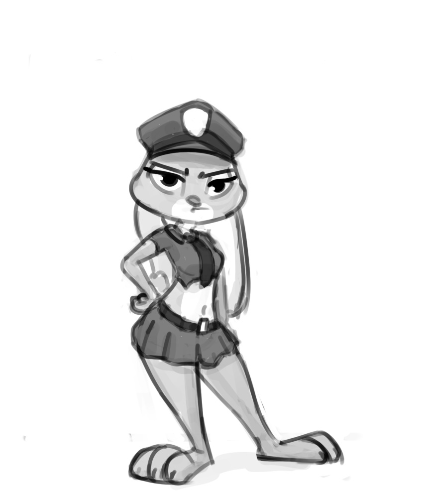 2019 anthro barefoot biped bluedouble bottomwear breasts clothed clothing costume disney female greyscale half-closed_eyes hand_on_hip hat headgear headwear hi_res judy_hopps lagomorph leporid looking_at_viewer mammal midriff monochrome navel necktie police_uniform rabbit simple_background skirt solo standing uniform white_background zootopia