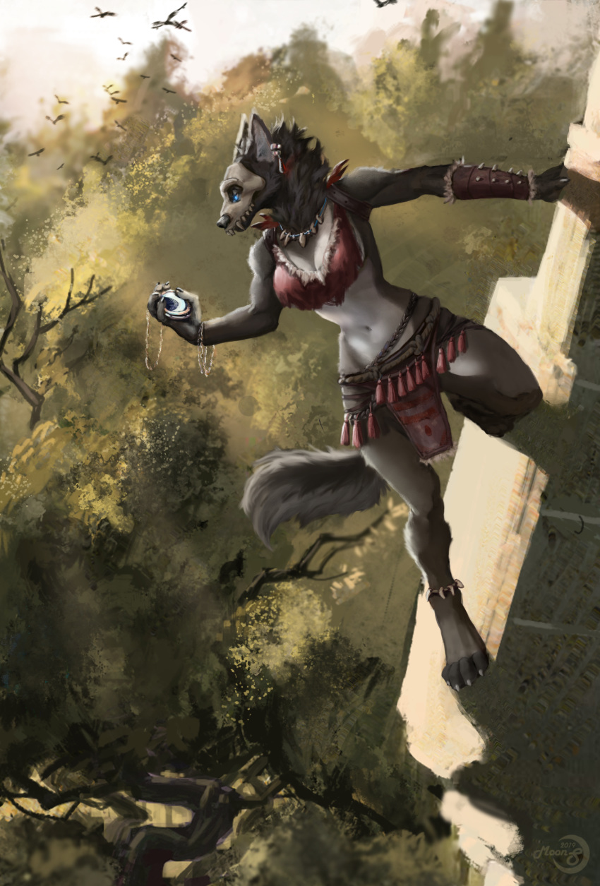 2019 4_toes 5_fingers abyssal_wolf anthro barefoot biped black_nose blue_eyes bone canid canine canis clothed clothing day detailed_background digital_media_(artwork) digitigrade ear_piercing ear_ring esther female fingers hi_res mammal midriff moon-s navel outside piercing skull sky solo toes wolf