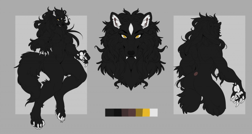 abstract_background anthro arylena black_body black_fur black_hair breasts canid canine canis fangs featureless_breasts fur hair kay_rox mammal model_sheet solo wolf yellow_eyes
