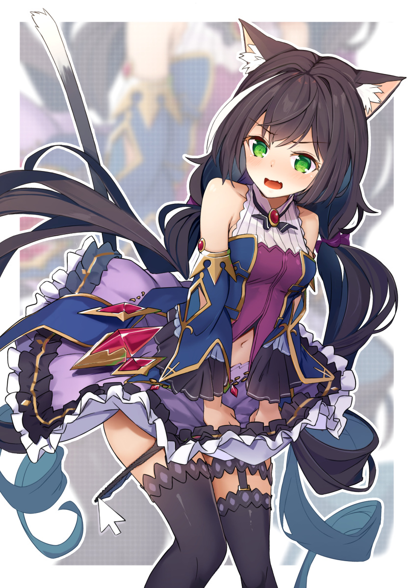 1girl @_@ absurdres animal_ears assisted_exposure bangs bare_shoulders black_hair black_legwear breasts brooch cat_ears cat_girl cat_tail cursor detached_sleeves eyebrows_visible_through_hair fang frilled_skirt frills garter_straps green_eyes highres jewelry kyaru_(princess_connect) leaning_forward lemonna long_hair low_twintails medium_breasts multicolored_hair navel open_mouth panties panty_pull princess_connect! princess_connect!_re:dive purple_skirt skin_fang skirt solo streaked_hair tail thighhighs twintails underwear v-shaped_eyebrows very_long_hair wavy_mouth white_hair zoom_layer