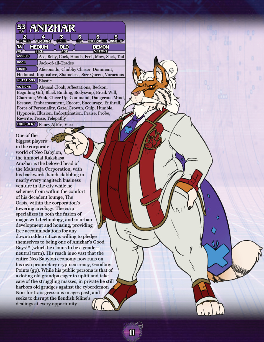 anthro bulge ceo classy clothing cyberpunk fapp felid future hair hi_res hyper hyper_bulge male mammal mature_male min necktie overweight overweight_male pantherine rakshasa rpg_(disambiguation) smoking suit tiger white_hair