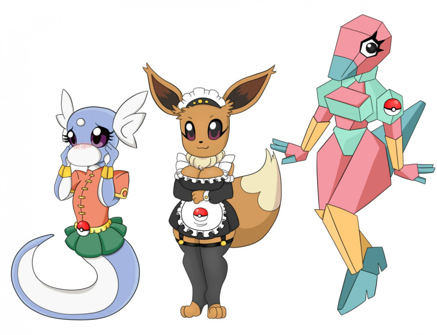 breasts clothing dratini eevee female maid_uniform nintendo pok&eacute;ball pok&eacute;mon pok&eacute;mon_(species) porygon uniform urusee584 video_games