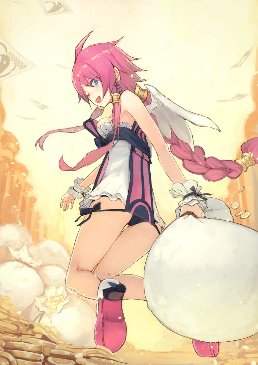 1girl ahoge angel_wings bare_shoulders black_bow black_panties blue_eyes bow braid breasts disgaea from_behind highres long_hair looking_at_viewer looking_back makai_senki_disgaea_4 medium_breasts money moneybag one_eye_closed open_mouth panties pink_hair sidelocks single_braid smile solo toima_(beat0829) underwear vulcanus_(disgaea_4) white_wings wings wrist_cuffs