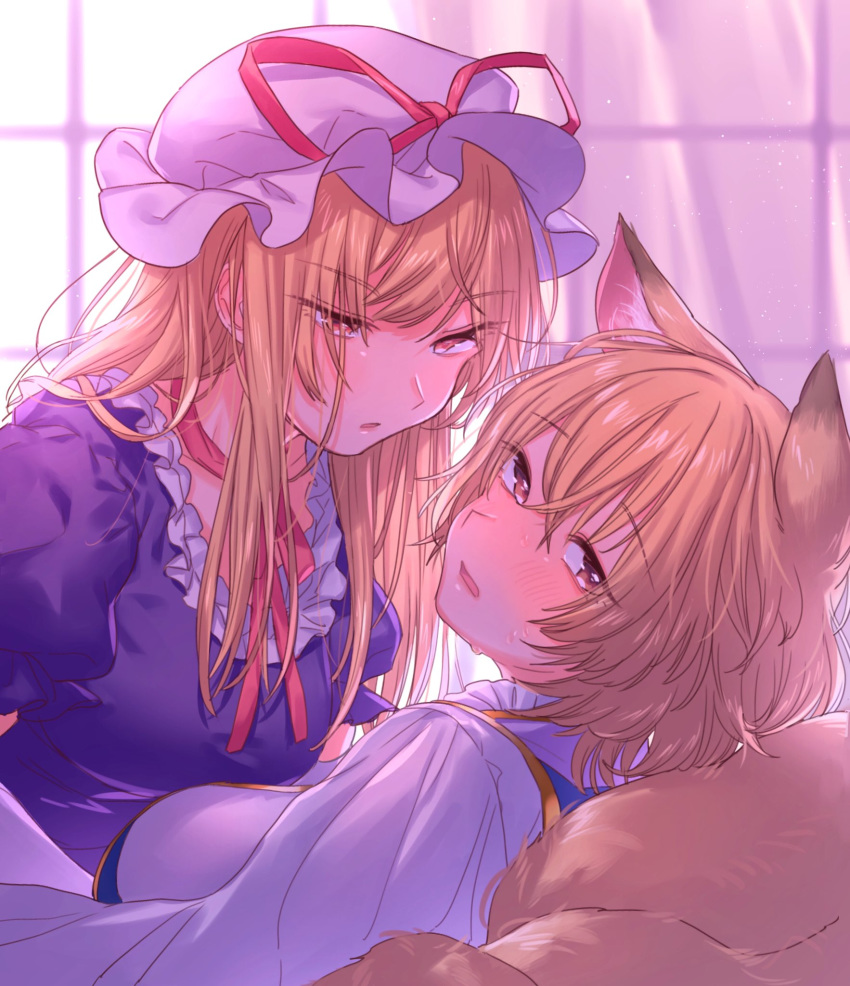 2girls animal_ear_fluff animal_ears bangs blonde_hair blush breasts brown_eyes choker commentary_request curtains dress eyebrows_visible_through_hair fox_ears fox_tail frills hair_between_eyes hat hat_ribbon highres indoors long_hair looking_at_another looking_at_viewer masanaga_(tsukasa) medium_breasts mob_cap multiple_girls multiple_tails no_hat no_headwear parted_lips puffy_short_sleeves puffy_sleeves purple_dress red_choker red_ribbon ribbon ribbon_choker short_hair short_sleeves sidelocks tabard tail touhou upper_body white_dress white_headwear window yakumo_ran yakumo_yukari yuri