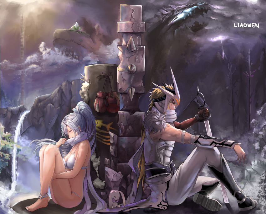 1boy 1girl absurdres anklet armlet artist_name barefoot bikini blonde_hair blue_eyes boxing_gloves bracer brown_gloves bunny cloud commission day dragon dungeon_and_fighter elbow_gloves gloves headband headpiece highres huge_filesize jewelry knee_up knees_up leg_hug liaowen long_hair outdoors pillar ponytail profile scarf sitting swimsuit sword tower very_long_hair water waterfall weapon white_bikini