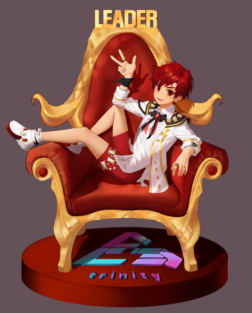 1boy absurdres black_bow bow chain commentary elsword elsword_(character) grey_background highres jacket jjw1029 long_sleeves male_focus red_hair red_shorts shoes short_hair shorts simple_background sitting w white_footwear white_jacket