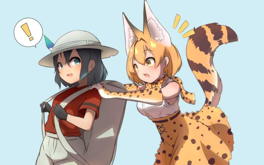 ! 2girls :d absurdres animal_ear_fluff animal_ears backpack bag bangs bare_shoulders black_hair blue_background blue_eyes breasts brown_eyes brown_hair brown_skirt commentary_request elbow_gloves eyebrows_visible_through_hair gloves grey_headwear hair_between_eyes hat_feather helmet high-waist_skirt highres holding_strap idaten93 kaban_(kemono_friends) kemono_friends medium_breasts multiple_girls notice_lines open_mouth outstretched_arms pith_helmet print_gloves print_skirt red_shirt serval_(kemono_friends) serval_ears serval_print serval_tail shirt short_sleeves shorts simple_background skirt sleeveless sleeveless_shirt smile spoken_exclamation_mark striped_tail tail white_shirt white_shorts