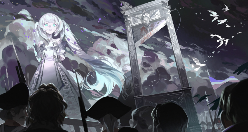 1girl 6+boys animal aqua_eyes bangs bayonet bird black_coat blood blood_stain blue_eyes blunt_bangs bow character_request cloud cloudy_sky coat crowd dark_sky dress execution facial_hair fate/grand_order fate_(series) flag flock flower flying guillotine gun hair_flower hair_ornament hat highres holding holding_gun holding_weapon limited_palette long_hair marie_antoinette_(fate/grand_order) multiple_boys napoleon_bonaparte_(fate/grand_order) outdoors petals purple_flower rifle sky soldier standing twintails very_long_hair weapon white_bird white_bow white_dress white_hair yotsuyu