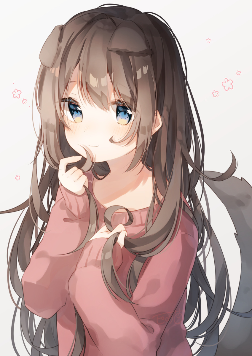 1girl absurdres animal_ears bangs blue_eyes blush brown_hair closed_mouth dog_ears dog_tail eyebrows_visible_through_hair gradient gradient_background grey_background hand_in_hair heripiro highres holding holding_hair long_hair long_sleeves looking_at_viewer open_mouth original pink_sweater sleeves_past_wrists smile solo sweater tail upper_body very_long_hair