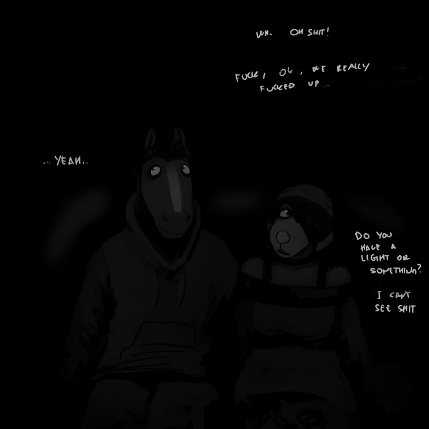 1:1 abandoned black_and_white canid canine canis clothed clothing comic creepy dark domestic_dog duo equid equine female hi_res hladilnik horse male mammal michelle_(hladilnik) monochrome night school text zebra zebra_son_(hladilnik)