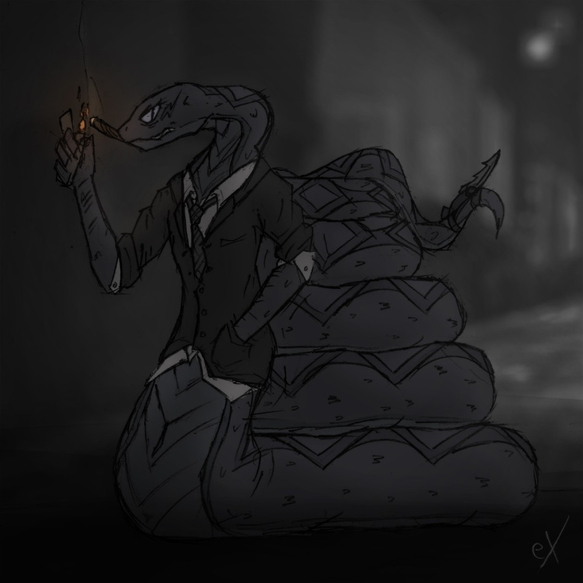1:1 anthro bottomless cigar clothed clothing exophile fire grey_body grey_eyes hi_res knife male naga necktie noir reptile scalie serpentine shirt smoke smoking snake solo suit topwear weapon