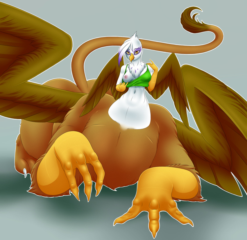 3_toes 4_fingers avian avian_taur beak bird bottomless breasts brown_body brown_feathers brown_fur brown_wings claws clothed clothing feathers felid female fingers friendship_is_magic fur galliform gear_(artist) gilda_(mlp) green_bra gryphon gryphon_taur hi_res lion looking_at_viewer lying mammal my_little_pony on_front one_breast_out orange_eyes pantherine phasianid purple_body purple_feathers slinkydragon_(colorist) solo tan_body tan_fur taur toes turkey white_body white_claws white_feathers wings