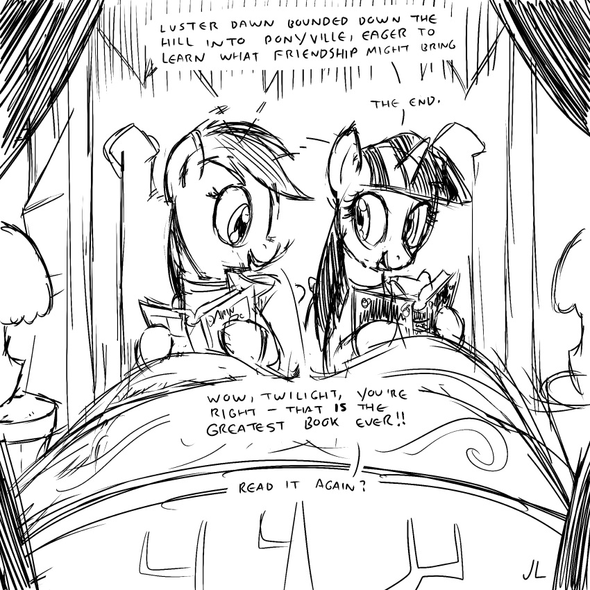 1:1 2019 bed black_and_white book dialogue docwario duo english_text equid equine female feral friendship_is_magic furniture hair hi_res horn mammal monochrome my_little_pony pterippus rainbow_dash_(mlp) text twilight_sparkle_(mlp) winged_unicorn wings